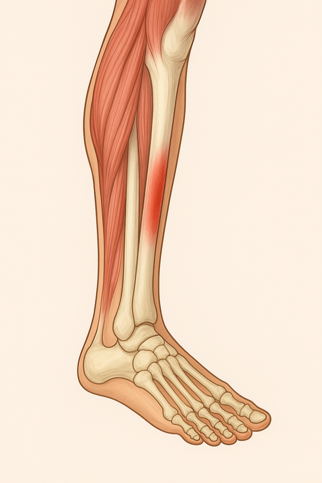 Ilustración médica anatómica de la pierna con periostitis tibial medial, mostrando tibia y peroné, musculatura completa de la pierna y pie realista, con inflamación destacada en rojo en la cara medial distal de la tibia.